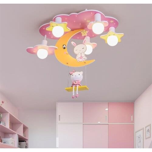 Childrens Room Pink Moon Rabbit Cartoon Ceiling Lights Bedroom LED Girl Bedroom Living Room Ceiling Lamps Deco Lighting