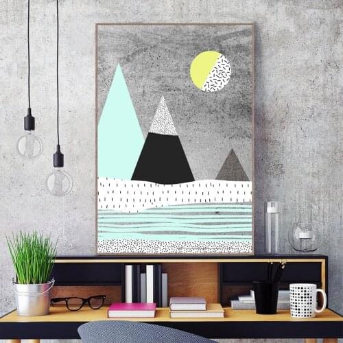 Modern And Trendy Abstract Poster Canvas Painting Home Decoration , Geometric Mountains And The Sun Art Print Wall Poster