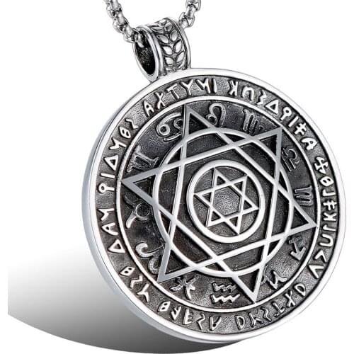 Talisman Hexagram Solomon Amulet Pendant Necklace Cool Punk Stainless Steel Hexagram Round Necklace for Men Jewelry