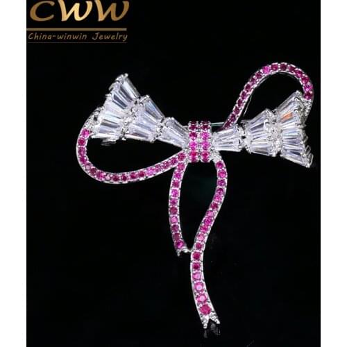 CWWZircons New Fashion Geometric Rose Red Cubic Zirconia Stone Silver Color Lovely Bowknot Ladies Brooches Jewelry Gift BH003