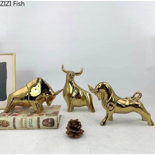 Electroplating Golden Ceramic Cow Sculpture Crafts Countertop Ornaments Abstract Cartoon Animal Statue Figurines Gift Home Decor