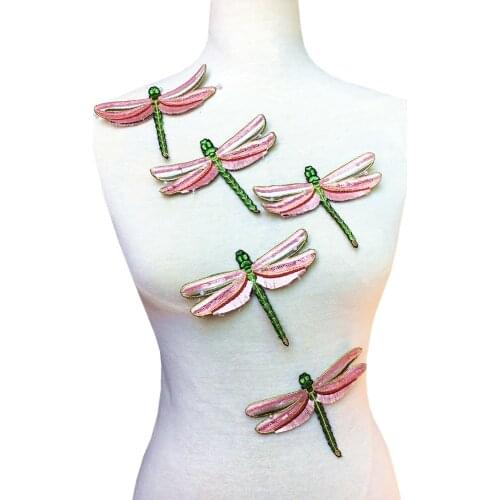 10pc Pink 3D Dragonfly Embroidery Patch Sequin Beaded Patches For Clothing Applique Clothes Parches Bordados Ropa Sew On AC1516