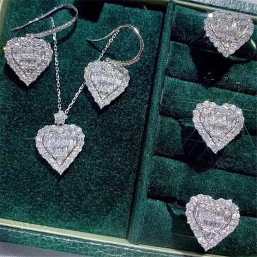 2021 New Arrival Sweet Sparkling Luxury Jewelry 925 Sterling Silver T Princess 5A CZ Women Heart Earring Ring Pendant Necklace