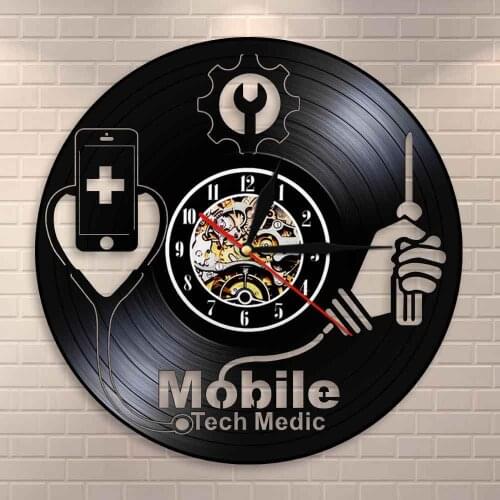Hospital Fix Sign Mobile Phone Smart Devices Repair Shop Logo Wall Art Wall Clock Mobile Tech Medic Vinyl Record Wall Clock
