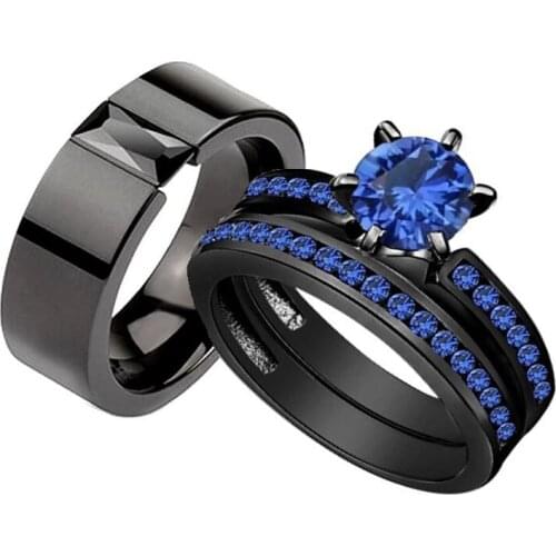 Choucong Vintage Jewelry 10kt black Gold Filled Blue&Black AAA CZ Zirconia Round Cut Wedding Women Men Couple Bridal Ring Set