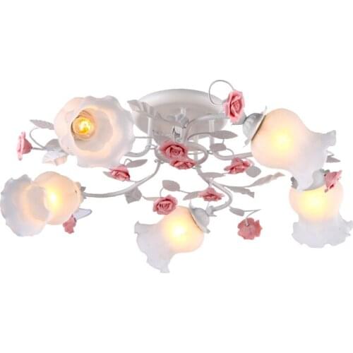 European-style garden living room Romantic Restaurants white wrought iron pink ceramic flowers glass lampshade Ceiling Lamp c162