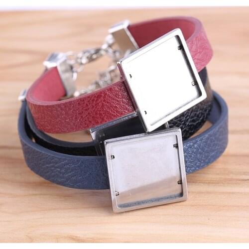 Reidgaller 2pcs stainless steel flat leather bracelet blanks 20mm square cabochon base settings diy bracelets making accessories