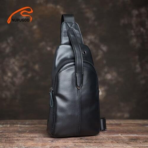 NUPUGOO Casual Chest Bag For Men Genuine Leather USB Charging Crossbody Sling Bag Black Youth Fashion Shoulder For 7.9 Inch iPad