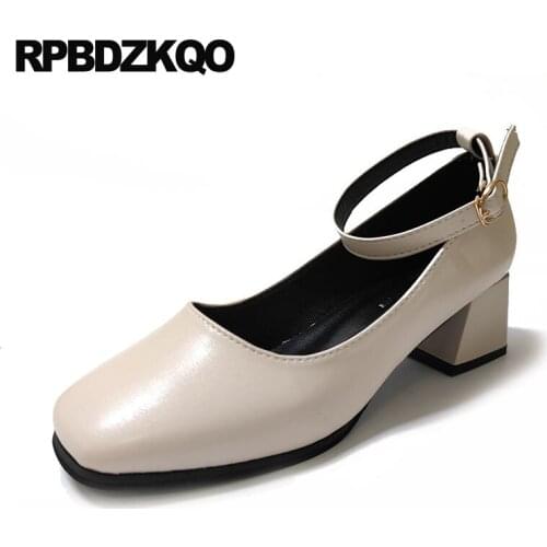 Chunky China Fashion Black Ladies Low Heels Shoes 2021 Cheap Casual Beige Pumps Women Thick Square Toe Block Ankle Strap Green