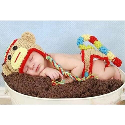 Newborn Baby Photo Clothing Monkey Outfits Photography Props Handmade Knitted Bebe Clothes Sets Costumes Cap+Pants 2pcs