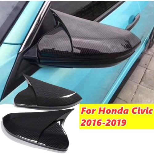 Pair Car Rear View Mirror Cover Rearview Caps Horn Shape Style Carbon Fiber Look For Honda Civic 10th 2016-2019