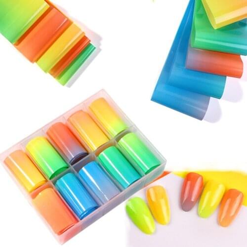 NEW 10Rolls Fluorescent Nail Art Transfer Sticker 4*100cm Nails Foils Wrap Gel Polish Form Tips Manicure Decal Paper Accessories