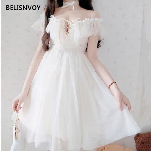 Lolita Style Suspender Dress Women Princess Off Shoulder Lace-up Victorian Dress Kawaii Tulle Tea Party Loli Cosplay Fairy Dress