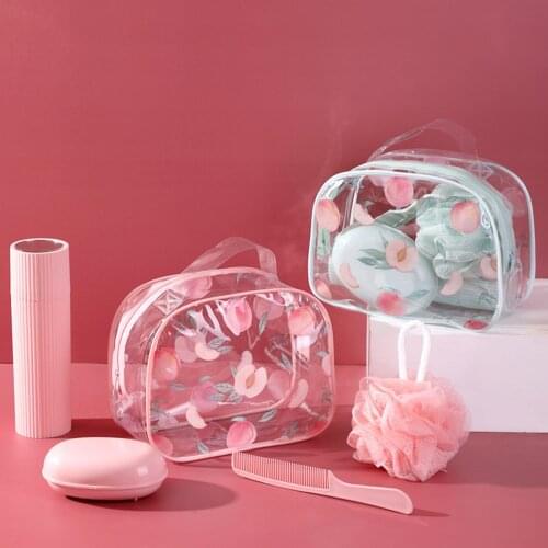 5Pcs/Set Peach Print Clear Storage Bag Makeup Pouch Comb Tooth Brushing Mug Kit Cosmetics Make Up Holder Organizer