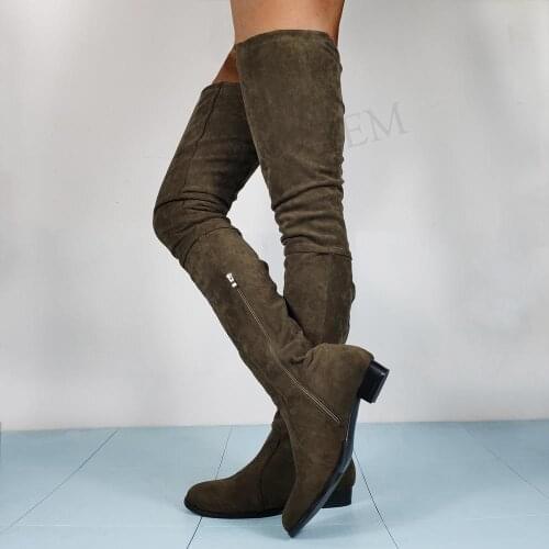 LAIGZEM Faux Suede Women Over Knee Boots Side Zip Low Heels Boots Thigh High Army Green Shoes Botines Botas Size 47 50 51 52