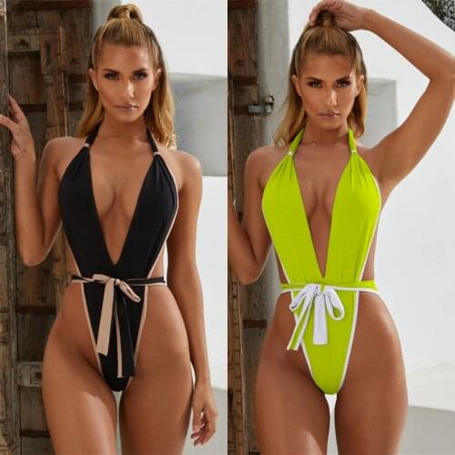 Sexy One Piece Swimsuit Bandage Swimwear Women Bathing Suit Thong Bikini Halter Top Beachwear Swimming Suit for Women Monokini