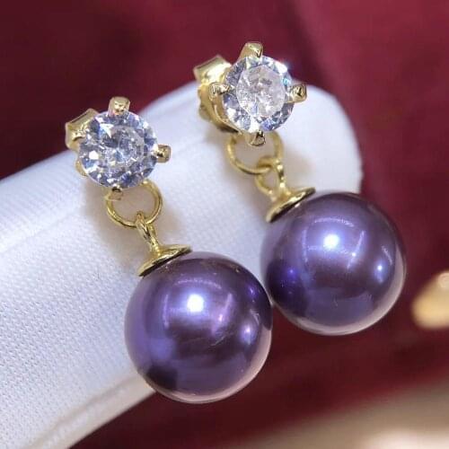D812 Pearl Earrings Fine Jewelry 925 Sterling Silver Round 9-10mm Nature Fresh Water Purple Pearls Drop Dangle Earrings