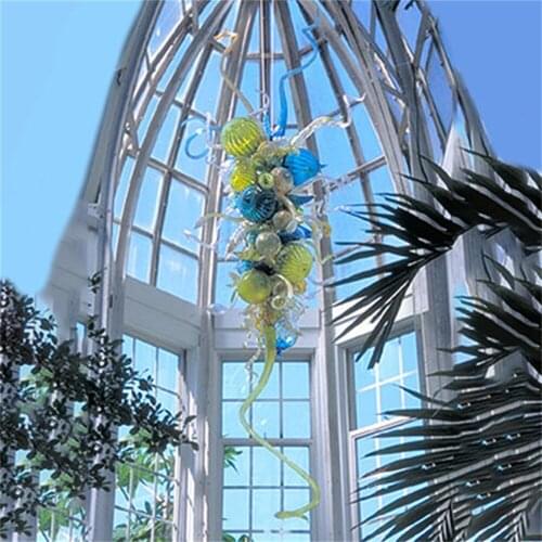 Blue Lemon Green Flower Lamps Modern Handmade Blown Colored Glass Chandeliers Crafts Art Decoration LED Hanging Lights 40 Inches