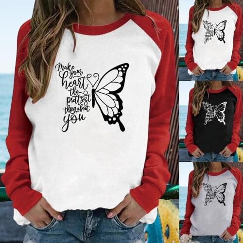 Hoodie Women Butterfly Fashion Printing Loose Casual Long Sleeve Raglan Women Ladies Pullover ClothingTops Chandail Свитер c50