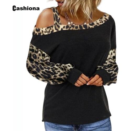 Plus size 3xl Women Casual T-shirt Model Patchwork Leopard Print Shirt Skew Collar Loose Womens Top 2020 Autumn Tee shirt Femme