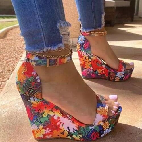 2021 Women Floral Platform Sandals Female Summer Wedges Woman High Heels Thick Bottom Shoes Ladies Buckle Footwear Plus Size