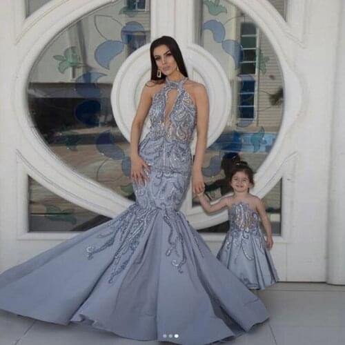 Gray Halter Mermaid Prom Dresses Lace Appliques Beads Sweep Train Evening Gowns Saudi Arabia Backless Robe De Soiree