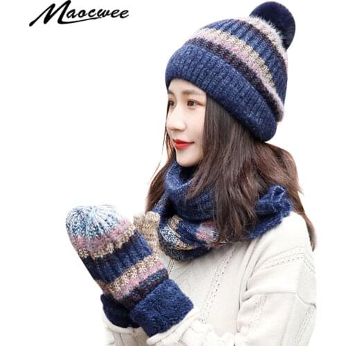 Winter Pompon Hat Scarf Goloves Set For Women Elegant Kintted Warm Hat With Lining High-Quality Female Beanies Three-piece Set