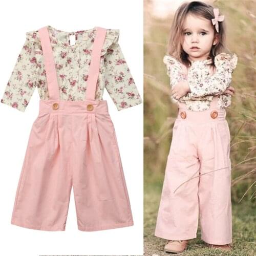 2020 Toddler Baby Girls Cute Princess Clothes Sets 2PCS Long Sleeve Ruffles Floral Print Tops+Pink Overall Pants Autumn Clothes