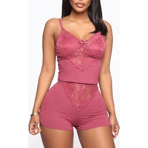 2020 Women Sleepewear Sexy Spaghetti Strap Eyelash Lace Bowknot Decor Cami Set See Through Solid Patchwork Female Soft Pajamas