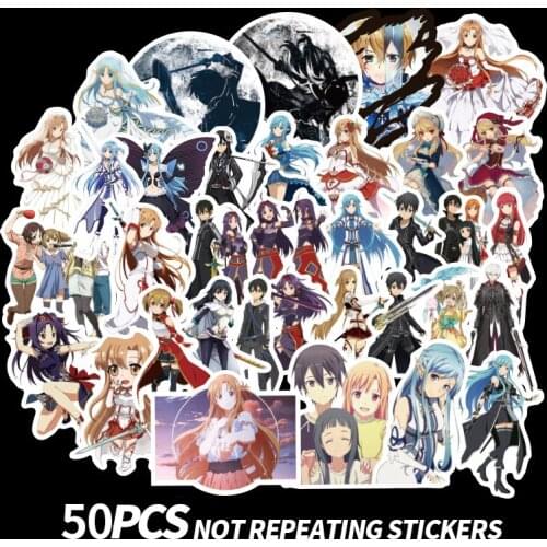 50PCS Sword Art Online Graffiti Stickers Cartoon Decals Stickers Gifts for Children to Laptop Suitcase Guitar Fridge Bicycle Car