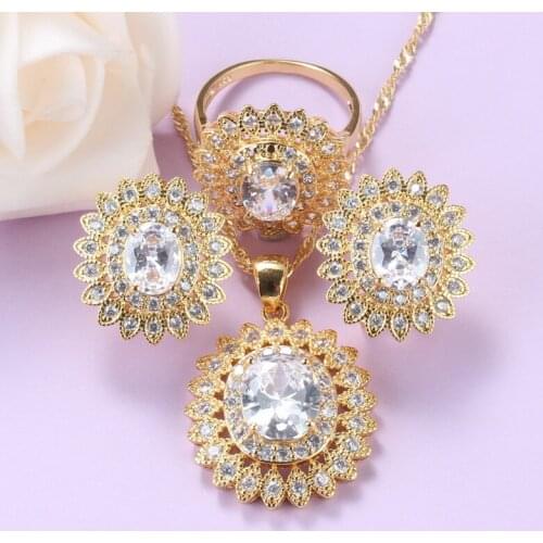 African Wedding Sunflower Jewelry Set With White Stone CZ Crystal Clip Earrings An Necklace Sets For Women Gold-Color Costume