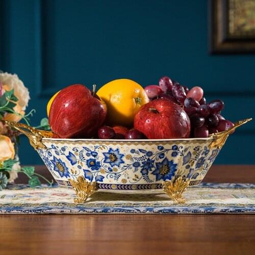 American fruit tray living room creative ceramic inlaid metal dry fruit plate household enamel gilt fruit basin European style o