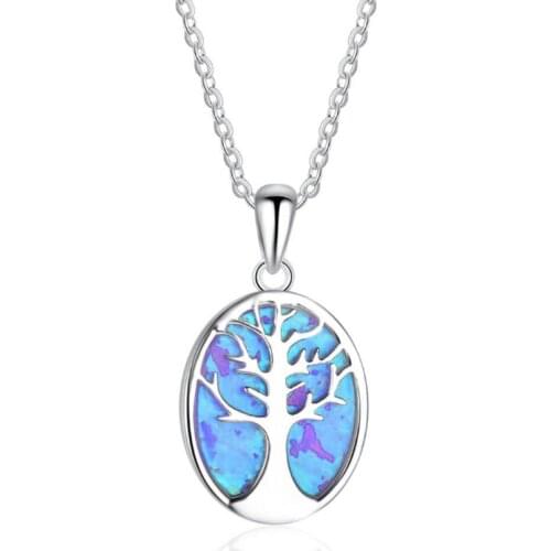 FYSL Silver Plated Tree of Life 2 Colors Opalite Opal Pendant Link Chain Necklace Water Drop Jewelry