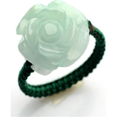 Hot Sell Natural Green Jadeite Rings Hand-carved Jadeite jades BanZhi Women Fashion rose flower Finger Ring Jewelry