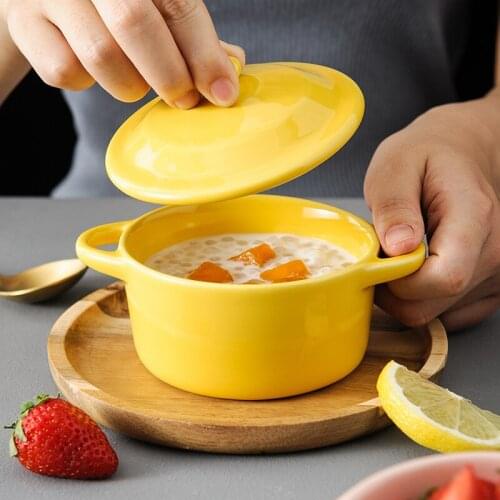 Ins Hot Colourful Baking Bowl Mini Stew Pot with Ears and Cover Ceramic Stew Pan for Shouffle Egg Cake Dessert Baking Steam Bowl