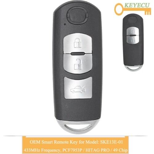 KEYECU OEM Smart Remote Car Key for Mazda, Fob 2 3 Button - 433MHz - PCF7953P ID49 Chip - Model: SKE13E-01, CMIIT ID: 2011DJ5486