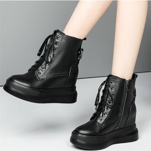 Trainers Shoes Women Lace Up Genuine Leather Platform Wedges High Heel Ankle Boots Female High Top Fashion Sneakers Casual Shoes