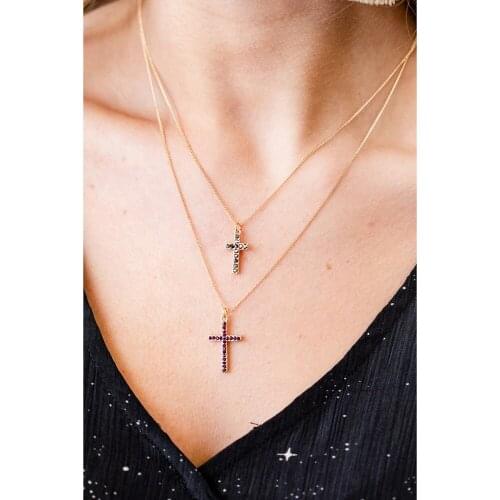 MAA-OE Fashion Simple Colorful Beads Inlaid Cross Pendant Necklaces For Women Multilevel Gold Chain Female Necklace Jewelry Gift