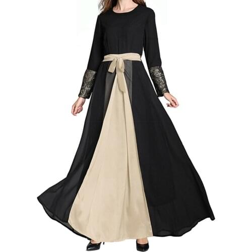 Fashion Women Long Sleeve Muslim Middle Maxi Dress Trumpet Sleeve Abaya Long Robe Gowns Tunic Belt Djellaba Femme Vestidos#35