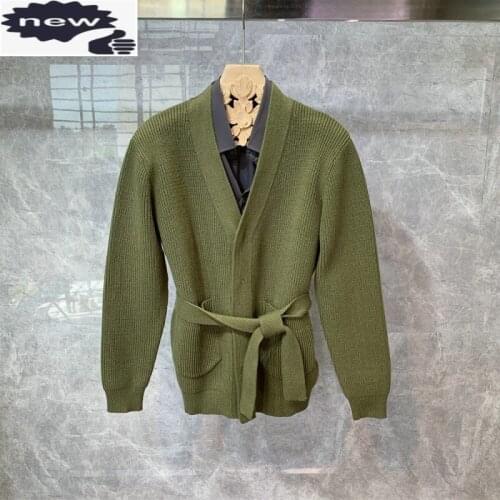 Men Cardigan Sashes Fashion Korean Style Pockets V-Neck Jacket Autumn Winter Man Sweaters New Solid Casual Knitting Clothing