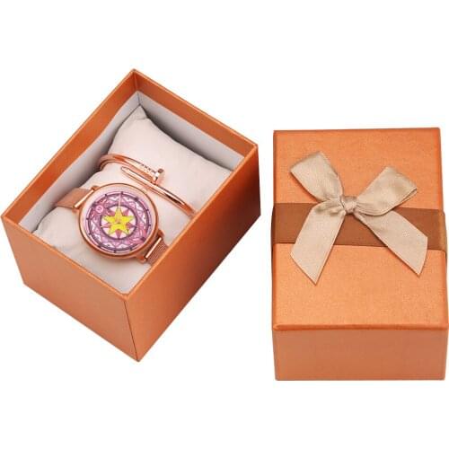 Watch Bracelet Set Ladies Light Luxurious Anime Quartz Wrist Watch Mesh Watchband Chic Bangle Best Birthday Gift Set for Mother