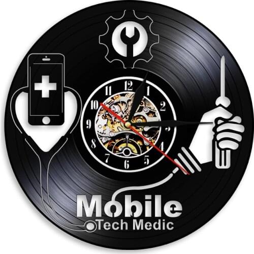 Mobile Tech Medic Wall Clock Mobile Shop Business Sigh Vinyl Record Modern Unique Hanging 3D Wall Watch Wall Art Handmade Decor