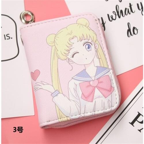 New Womens Cute Fashion Purse Sailor-Moon Leather Short Zip Wallet Coin Card Holder Soft Leather Phone Card Female Clutch