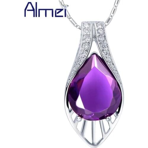 Almei Chokers Necklace Blue Red Purple Zircon Water Drop Crystal Pendant For Women Wedding Silver Color Jewelry Free Chain N755