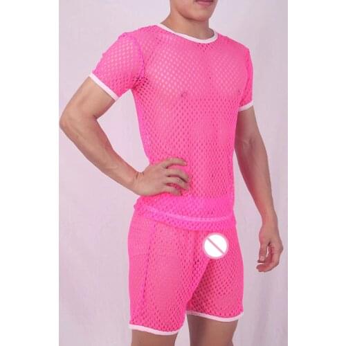 Sexy Men Mesh Shirts Sleepwear See Through Loose Mesh Sheer Lounge Top Hollow Out Gay Wear Plus Size F24