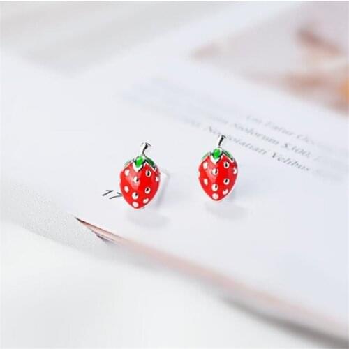 Real 925 Sterling Silver Stud Earrings Sweet Cute Strawberry Fashion Earrings for Women Girls Birthday Party Jewelry Gifts SE006