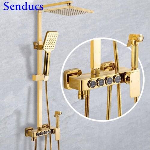Thermostatic Gold Shower Set with Square Stainless Steel Shower Head Copper Brass Bathroom Faucet Inwall Hot Cold Shower System