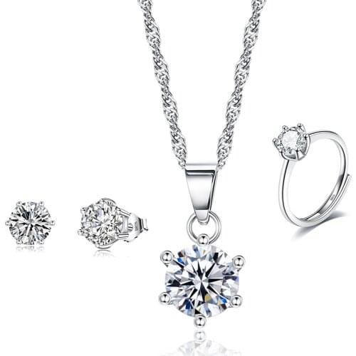 ZEMIOR Simple Style Jewelry Sets For Women 925 Sterling Silver Inlay Cubic Zirconia Sets Ring Necklace Bracelet Fine Jewelry
