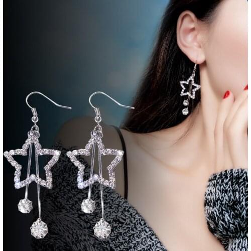 2019 New Shiny Rhinestone Star Earrings Hollow Five-pointed Long Drop Dangle Crystal Earrings for Women Romantic Fashion Jewelry