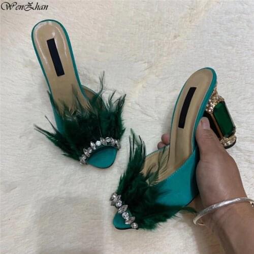 New feather Buckle Open Toe Wedding Sandals Women Fashion Summer Luxury Slip On Green High Heel Shoes Plus Size WENZHAN A97-3
